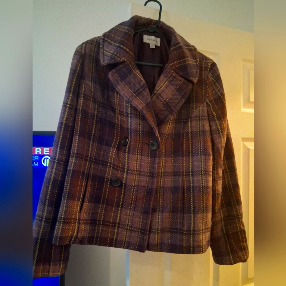 H&M Purple Plaid Double-Breasted Pea Coat